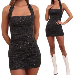 Lucy in the Sky Virginia Ruched Bodycon Mini Dress Black Silver Shimmer Size M